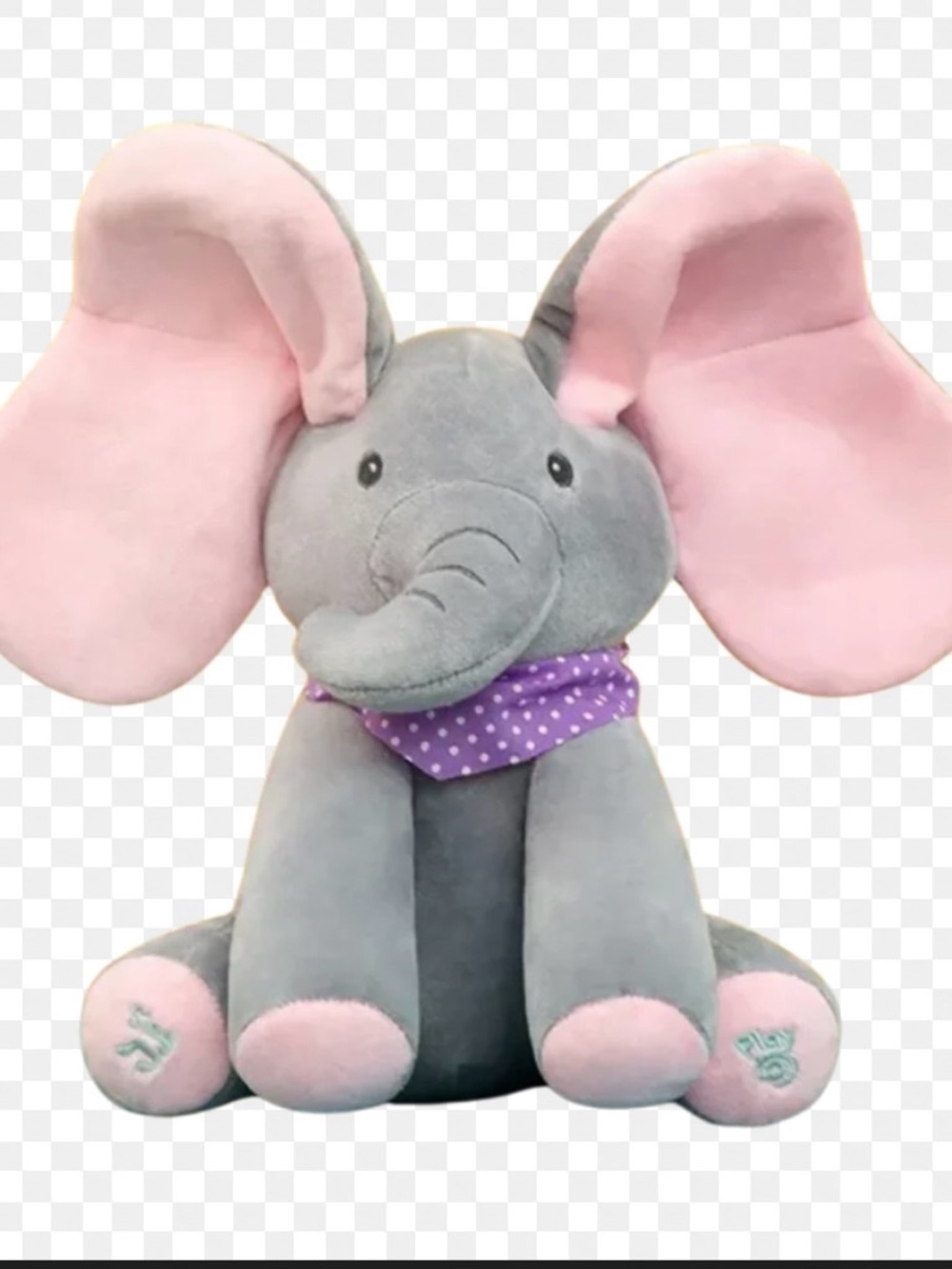 Interactive singing Grey Elephant Toy with Pink Ears and Purple Bandana